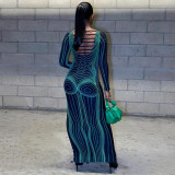 Fashion printed backless slim round neck long sleeve dress