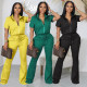 Short sleeve zipper top suit flare pants casual two-piece set
