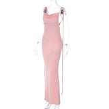 Fashion solid sexy backless slim lace up dress