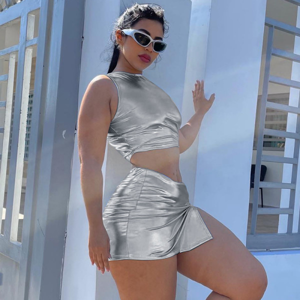 Solid short vest sexy bag hip skirt two-piece suit
