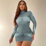 Fashion printed slim fitting high neck long sleeve hip wrap dress