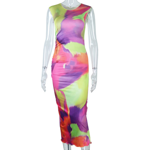 Fashion printed tight round neck sleeveless sexy waist bag hip long dress