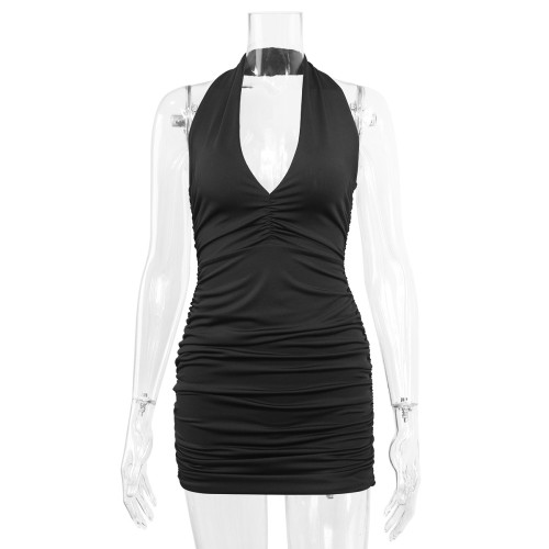 Women's V-neck neck halter backless off shoulder sexy simple pleated dress