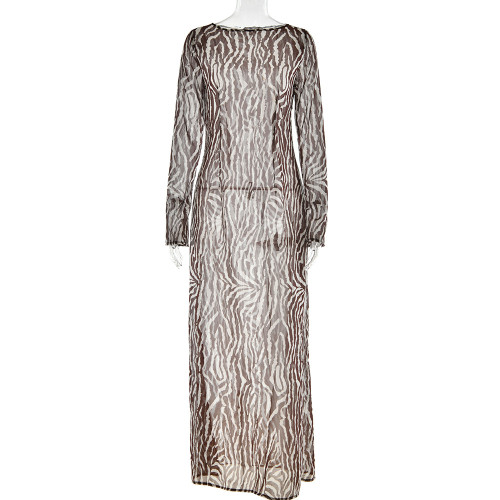 Bohemian Perspective Dress Fashion Casual Round Neck Long Sleeve Printed Dress
