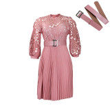 Temperament Solid Lace Hook Flower Hollow out Pleated Dress
