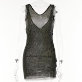 Women's Sexy Temperament Perspective Mesh Short Skirt Fashion Casual New V-neck Open Backpack Hip Skirt