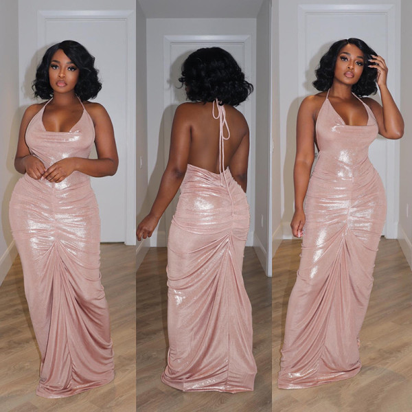 Fashionable halter backless sexy hot girl pleated slim dress
