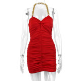 Metal chain neck hook sexy simple pleated dress