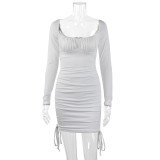 Sexy square neck long sleeve dress Autumn and winter new cut out hip wrap skirt