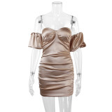 Women's Bubble Sleeves Pleated Dress Sexy Low cut Short Dress Off Shoulder Dress