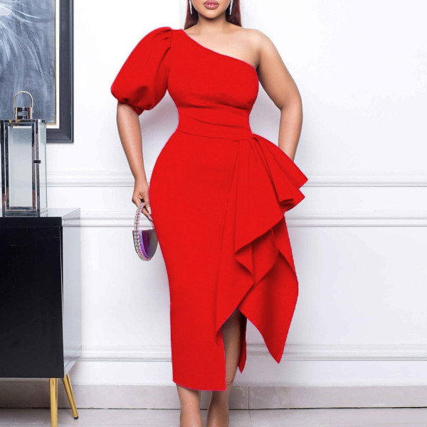 Slant Neck Split Ruffle Dress Sexy Dress
