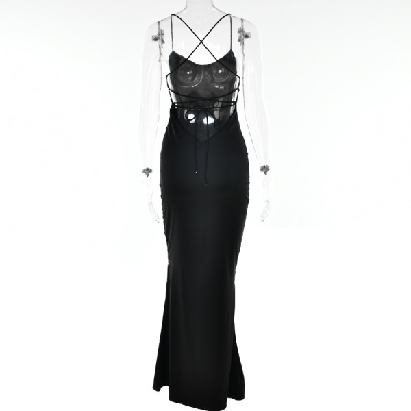 Women's sexy suspender satin dress Autumn new fashion backless strap waist long skirt
