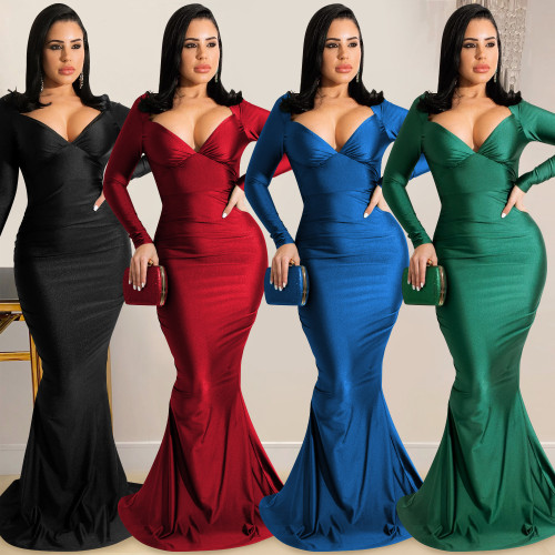 Fashion New Solid V-Neck Long Sleeve Backless Long Dress Dress