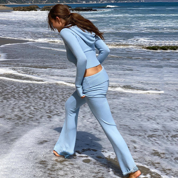 Knitted hooded suit sexy high waist long sleeved trousers two-piece set