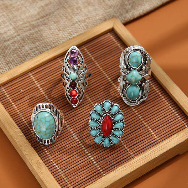 Raw mineral turquoise ring fashionable colorful gemstone 4pc combination joint ring