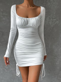 Sexy square neck long sleeve dress Autumn and winter new cut out hip wrap skirt
