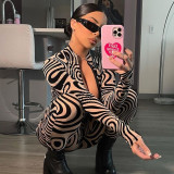 Fashion Irregular Retro Print Tight Long Sleeve Sports Casual Jumpsuit