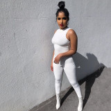 Solid stretch slim round neck sleeveless jumpsuit