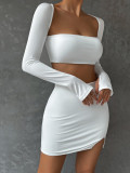 Long sleeved women's two-piece dress sexy square neck pleated hip skirt split