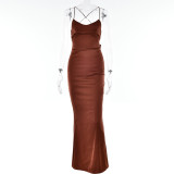 Women's sexy suspender satin dress Autumn new fashion backless strap waist long skirt