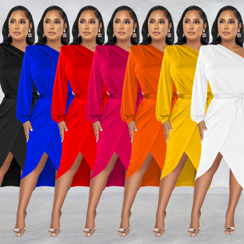 Fashion women's solid color single long sleeved diagonal long skirt dress