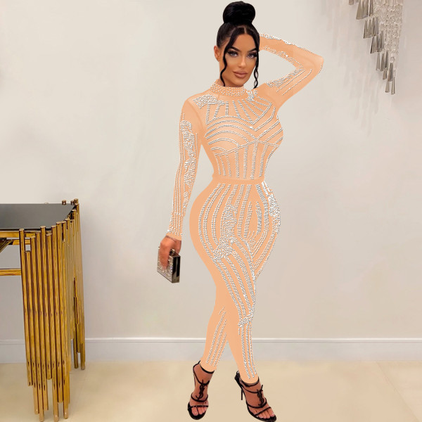Fashion women's solid color mesh ironing long sleeved trousers jumpsuit