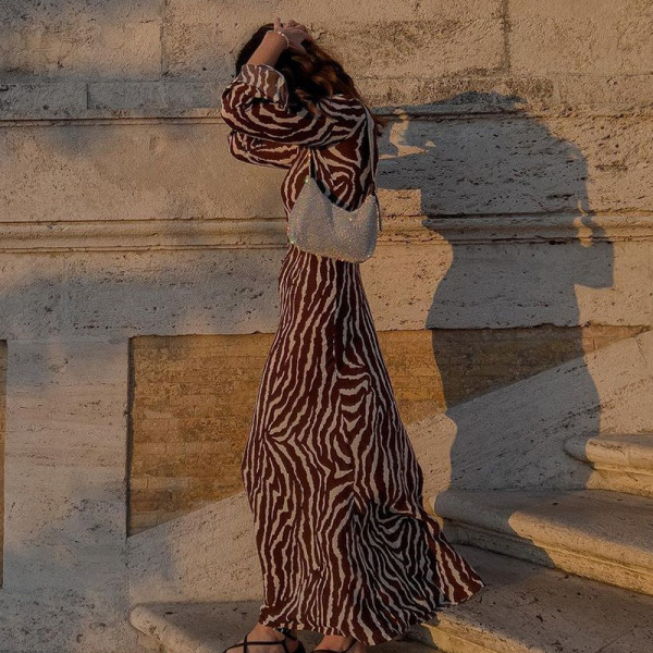Bohemian Perspective Dress Fashion Casual Round Neck Long Sleeve Printed Dress