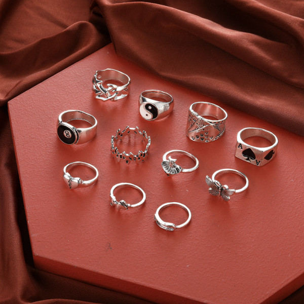 Fashion Bagua Poker Butterfly Broken Heart Mushroom Combination 11 piece Set Ring