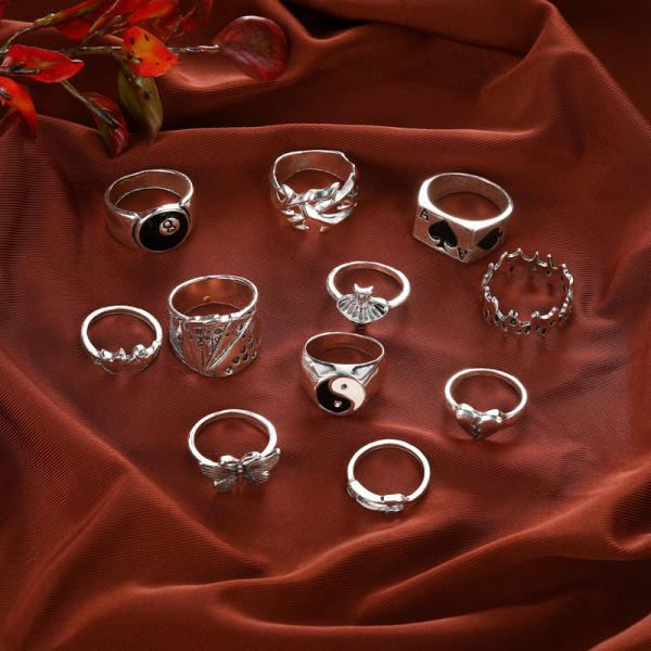 Fashion Bagua Poker Butterfly Broken Heart Mushroom Combination 11 piece Set Ring