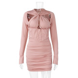 Women's Mosaic Hip Wrap Dress Long Sleeve Hollow Women's Dress