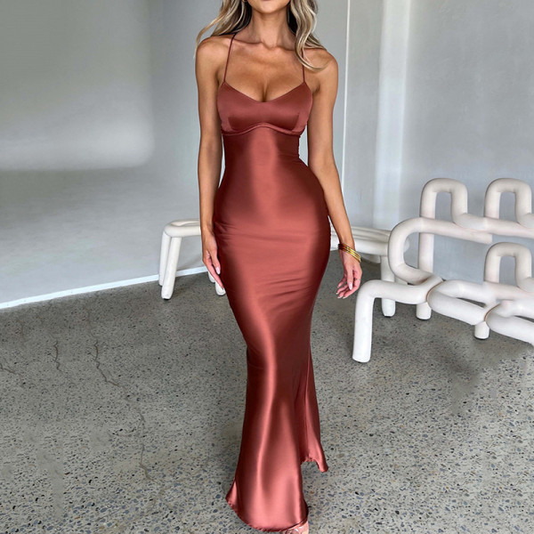 Women's sexy suspender satin dress Autumn new fashion backless strap waist long skirt