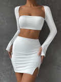 Long sleeved women's two-piece dress sexy square neck pleated hip skirt split