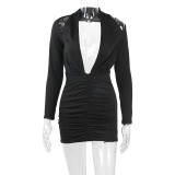 Long Sleeve Dress Sexy Deep V-Neck Backless Strap Hip Wrap Dress