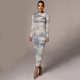 Printed Dress Fashion Casual Long Sleeve Round Neck Slim Style Versatile Long Dress