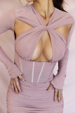 Women's Mosaic Hip Wrap Dress Long Sleeve Hollow Women's Dress