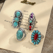 Raw mineral turquoise ring fashionable colorful gemstone 4pc combination joint ring