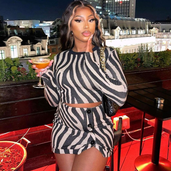 Zebra Fashion Print Open Navel Top Long Sleeve Half Dress Button Up Set