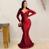Fashion New Solid V-Neck Long Sleeve Backless Long Dress Dress