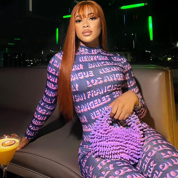 Fashion English Letter Printing Long Sleeve Pants Sports Jumpsuit