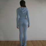 Knitted hooded suit sexy high waist long sleeved trousers two-piece set