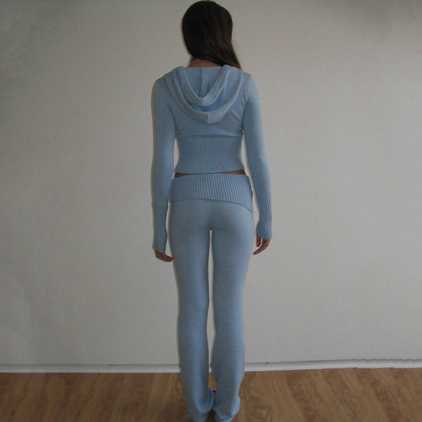 Knitted hooded suit sexy high waist long sleeved trousers two-piece set