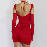 Sexy suspender tight dress fashion backless perspective long sleeve hip wrap skirt