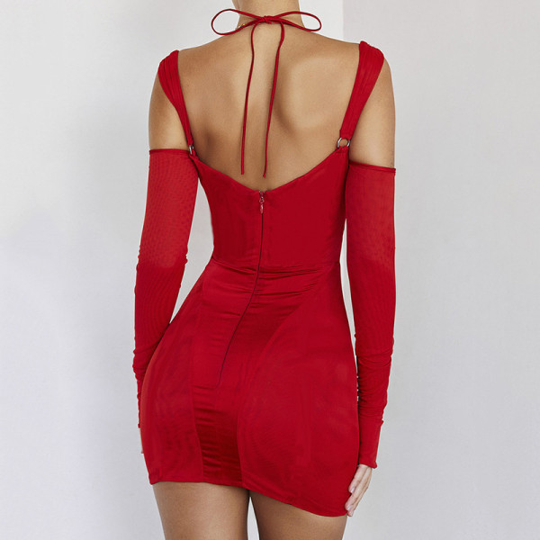 Sexy suspender tight dress fashion backless perspective long sleeve hip wrap skirt