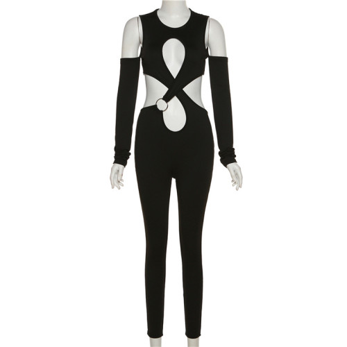 Women's fashion street trendsetter hollow out splicing tight jumpsuit