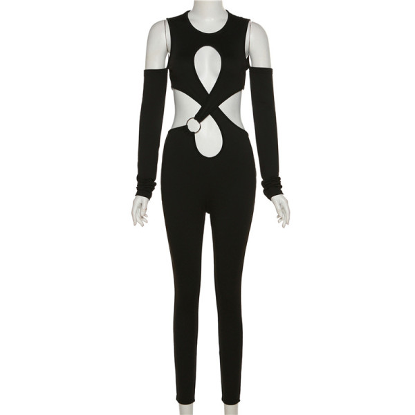 Women's fashion street trendsetter hollow out splicing tight jumpsuit