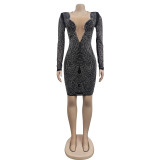 Fashion Women's Solid Iron Mesh V-Neck Long Sleeve Dress