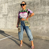 Trendy denim new camouflage contrast personalized patch pocket straight pants