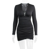 Women's Pleated Dress Sexy Deep V-neck Long sleeve Pleated Dress