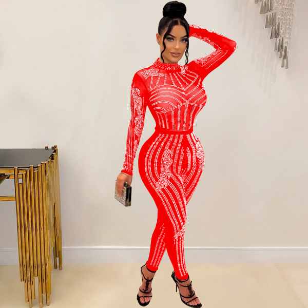 Fashion women's solid color mesh ironing long sleeved trousers jumpsuit