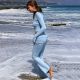 Knitted hooded suit sexy high waist long sleeved trousers two-piece set